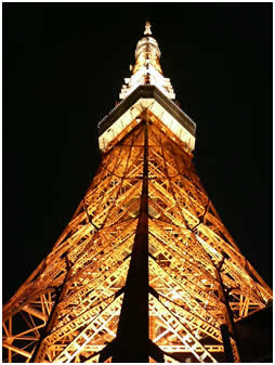 真下から見上げた夜の東京タワー