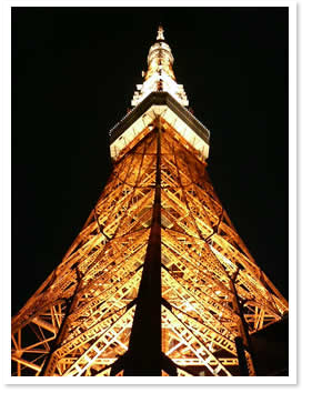 真下から見上げた夜の東京タワー